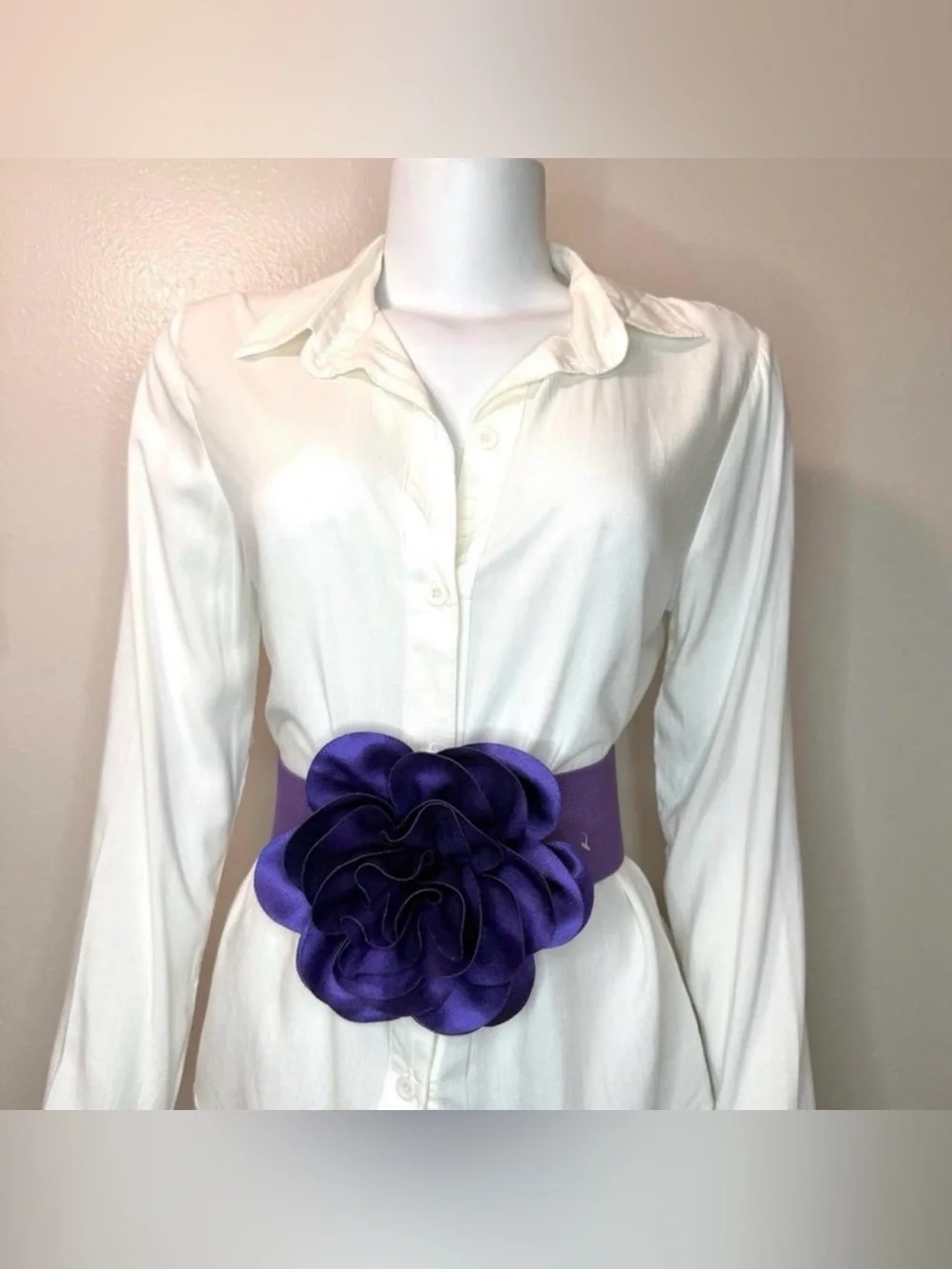 Purple statement satin flower wide elastic waistband belt